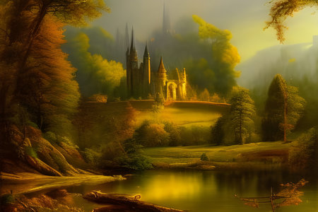 Dreamy landscape with sunset over castle ruins by a forest lake. Amazing 3D landscape. Digital illustration. CG Artwork Backgroundの写真素材
