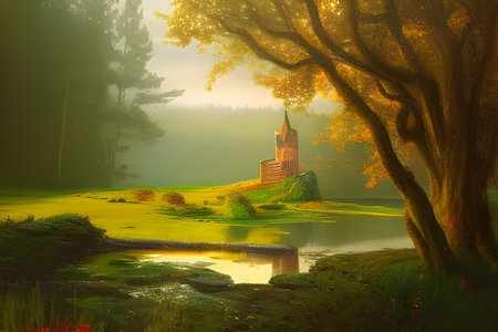 Dreamy landscape with sunset over castle ruins by a forest river. Amazing 3D landscape. Digital illustration. CG Artwork Backgroundの写真素材