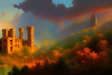 Abstract-like landscape with sunset over castle ruins. Amazing 3D landscape. Digital illustration. CG Artwork Backgroundの写真素材