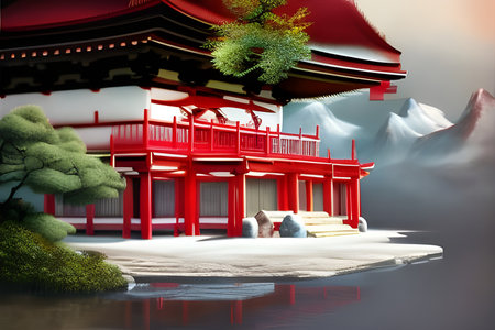 Landscape with a classic Pagoda palace by the lake. Cone of a volcano and mountains in the background. Amazing 3D landscape. Digital illustration. CG Artwork Background.の写真素材