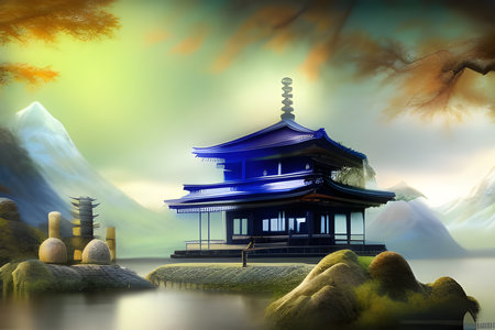 Landscape with a classic Pagoda palace by the lake. Cone of a volcano and mountains in the background. Amazing 3D landscape. Digital illustration. CG Artwork Background.の写真素材