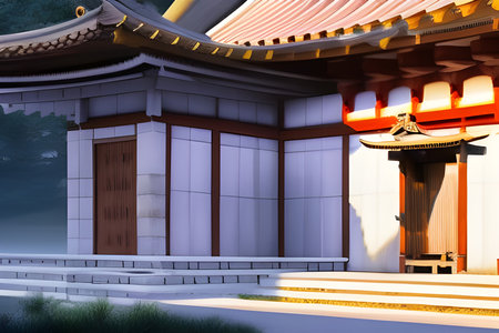 Landscape with a classic Pagoda palace in the mountains. Amazing 3D landscape. Digital illustration. CG Artwork Background.の写真素材