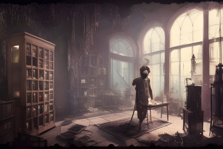 A strange and creepy cabinet of curiosities lab filled with lots of bottles and glass jars. Digital illustration. CG Artwork Background.の写真素材