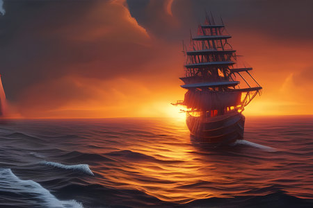 Beautiful ship sailing in the sea at sunset. Amazing 3D landscape. Digital illustration. CG Artwork...