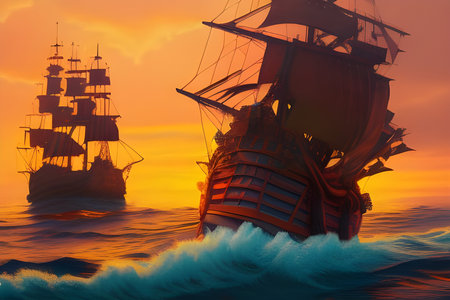 Beautiful ship sailing in the sea at sunset. Amazing 3D landscape. Digital illustration. CG Artwork Background.の写真素材