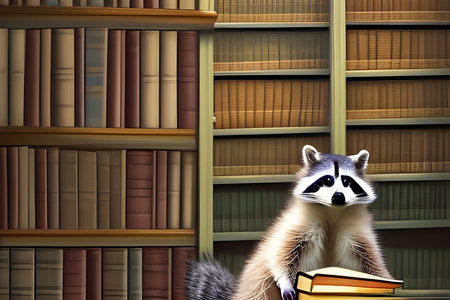 Cute raccoon reading a book in a library. Amazing 3D Digital illustration. CG Artwork Background.の写真素材