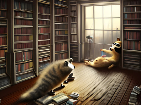 Cute raccoon reading a book in a library. Amazing 3D Digital illustration. CG Artwork Background.の写真素材