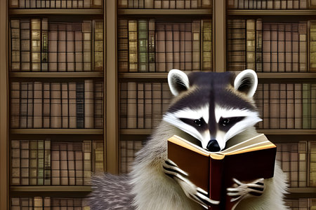 Cute raccoon reading a book in a library. Amazing 3D Digital illustration. CG Artwork Background.の写真素材