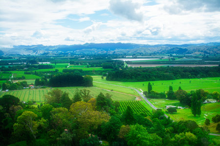 Aerial view over lush green farmland and distand mountain range under cloudy sky. Breathtaking New...