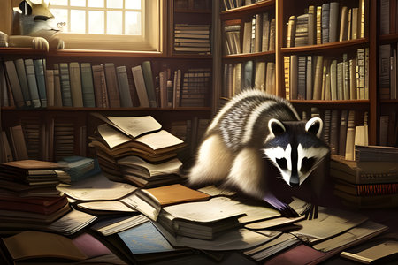 Cute raccoon reading a book in a library. Concept of a scolar and study. Amazing Digital illustration. CG Artwork Backgroundの写真素材