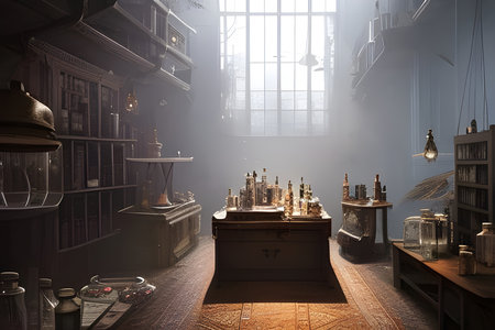 Alchemist lab. A strange and creepy cabinet of curiosities filled with lots of bottles and glass jars. CG Artwork Background. AI generated digital illustration.の素材