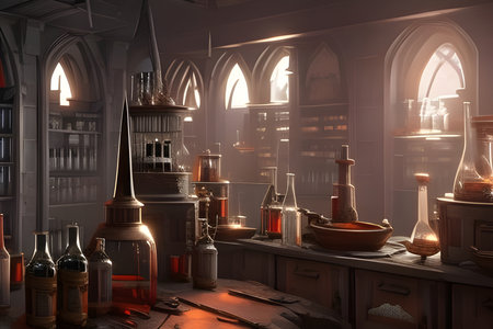 Alchemist lab. A strange and creepy cabinet of curiosities filled with lots of bottles and glass jars. CG Artwork Background. AI generated digital illustration.の素材