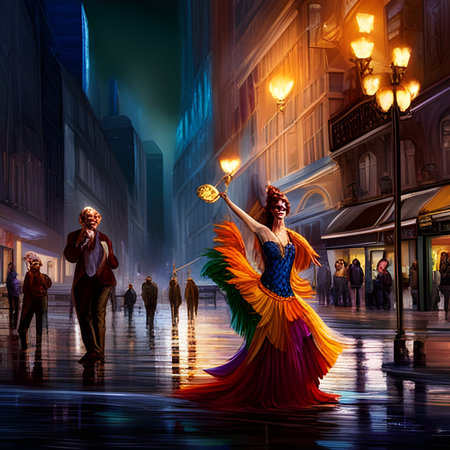 Night streets filled with Carnival crowds. Concept of Masquerade, Mardi Gras celebrations. Urban Carnival night background. Digital illustration. CG Artwork Background.の素材