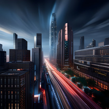 City streets at night. Abstract urban night background. Digital illustration. CG Artwork Background.の素材