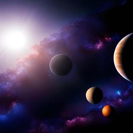 Abstract space wallpaper with colourful planets in the outer space. Amazing Cosmos Background. Digital illustration. CG Artwork Background.の素材