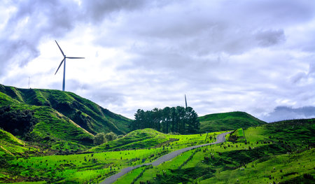 Breathtaking landscape of lush green hills and wind farm against blue sky and white clouds. Concept of alternative energy and sustainability. Palmerston North, New Zealand.の写真素材