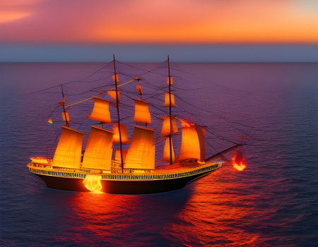 Beautiful ship sailing in the sea at sunset. Amazing 3D landscape. Digital illustration. CG Artwork Background.の素材