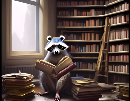 Cute raccoon reading a book in a library. Concept of a scolar and study. Amazing Digital illustration. CG Artwork Background.の素材