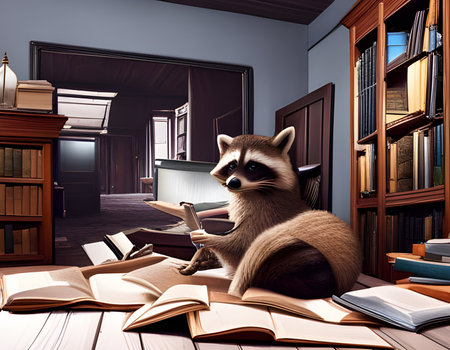 Cute raccoon reading a book in a library. Concept of a scolar and study. Amazing Digital illustration. CG Artwork Background.の素材
