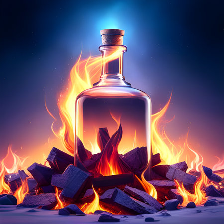 Glass bottle with a campfire inside at night. Concept of outdoors, adventure, danger. Digital illustration. CG Artwork Background.の素材