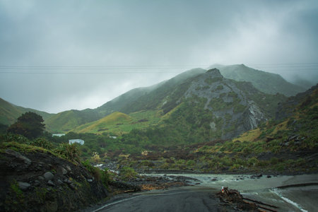 Rain clouds low over rugged green hills surrounding black sand beach. Stormy day at Cape Palliser,...