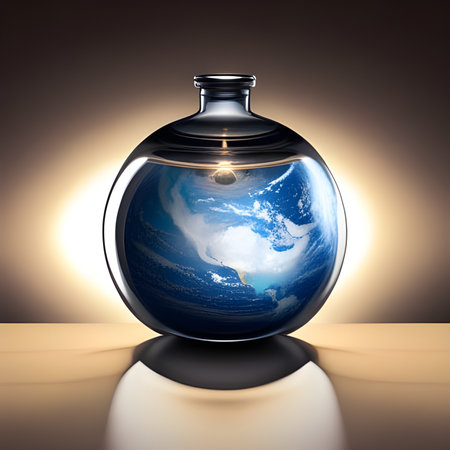 Beautiful world inside a corked glass bottle . Concept of protection, security, insurance. Digital illustration. CG Artwork Background.の素材