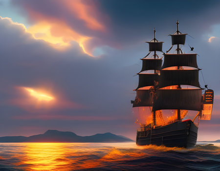 Beautiful ship sailing in the sea at sunset. Amazing 3D landscape. Digital illustration. CG Artwork Background.の素材