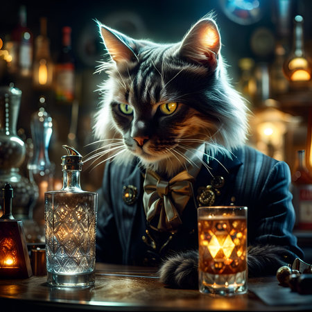 Cat Bartender serving a glass of an alcohol drick at the bar counter. Amazing digital illustration. CG Artwork Background.の素材