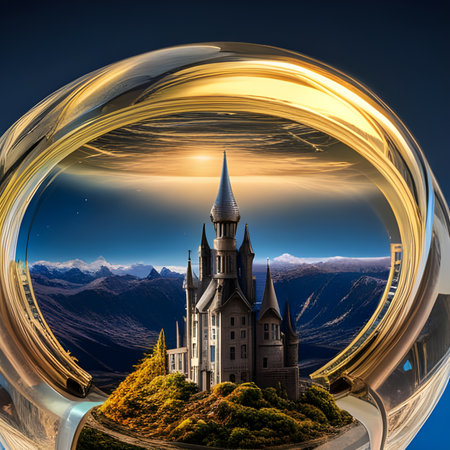 Beautiful world inside a glass globe . Concept of protection, security, insurance. Digital illustration. CG Artwork Background.の素材