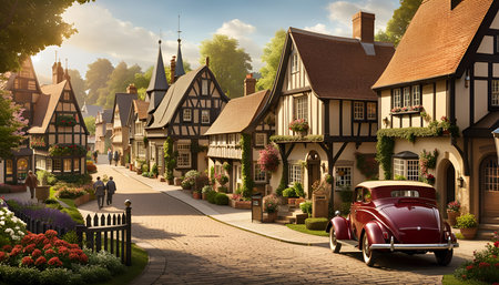 Charming medieval street in old town. Picturesque countryside. Old cozy tudor half-timbered house cottages. Amazing digital illustration. CG Artwork Background.の素材