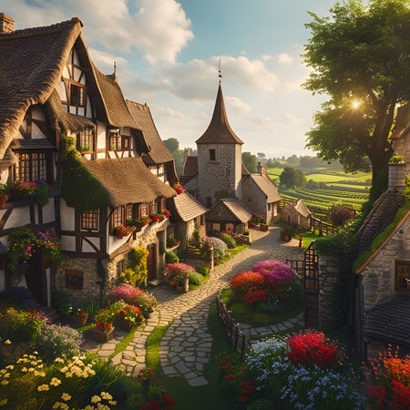 Charming medieval street in old town. Picturesque countryside. Amazing digital illustration. CG Artwork Background.の素材