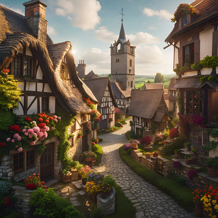 Charming medieval street in old town. Picturesque countryside. Old cozy tudor half-timbered house cottages. Amazing digital illustration. CG Artwork Background.の素材