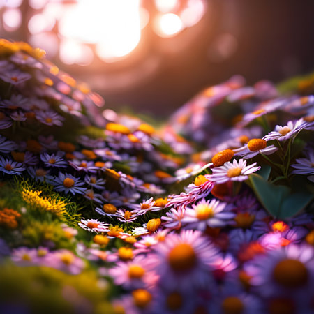 Abstract magenta colored floral background. Group of various bright purple colored Petunia flowers grows on flowerbed in a sunny day. Soft focus. Copy space for your text. Landscaping heme.の素材