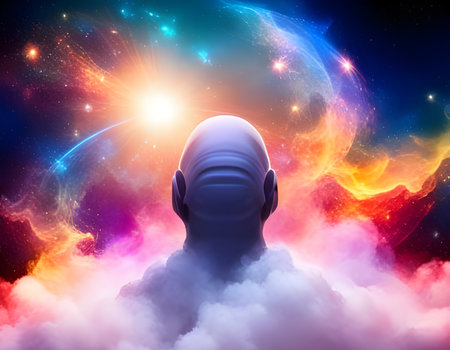 Supernatural Phenomenon - female silhouette in multicoloured cloudscape. Concept of Cosmic Energy, divine presence, healing and spiritual jorney. Digital illustration. CG Artwork Background.の素材