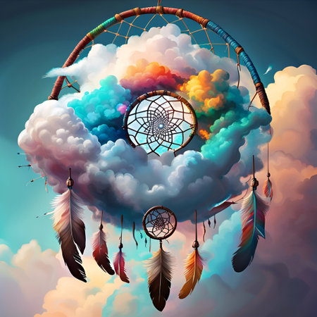 Beautiful dream catcher on background of blue sky and colourful clouds. Tribal elements, feathers, shells, lace. Digital illustration. CG Artwork Background.の素材