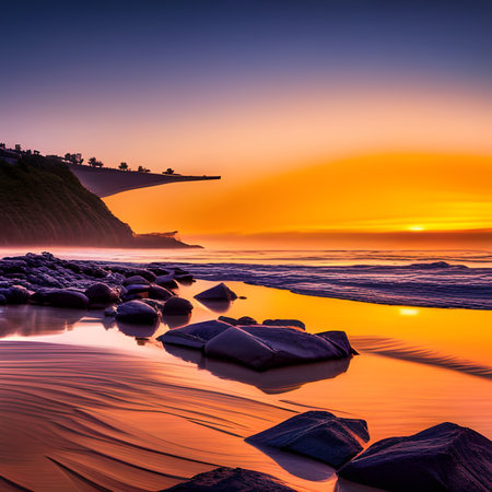 Amazing beach sunset with endless horizon and incredible foamy waves over wet sand. Digital illustration. Amazing CG Artwork Background.の素材