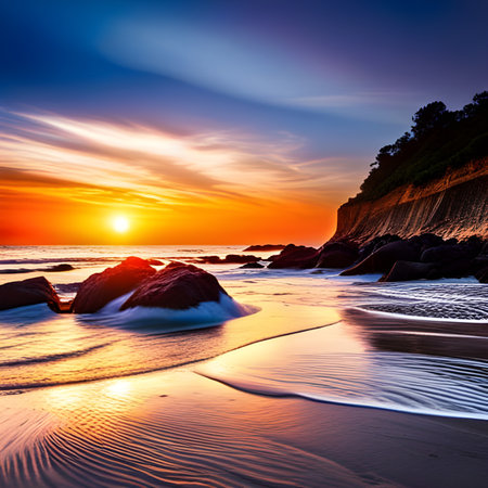 Amazing beach sunset with endless horizon and incredible foamy waves over wet sand. Digital illustration. Amazing CG Artwork Background.の素材