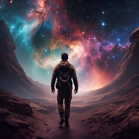 Man facing endless universe with sparkling stars, galaxies, and nebulas in outer space. Amazing Cosmos Background. Digital illustration. CG Artwork Background.の素材