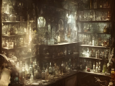 Alchemist lab. A strange and creepy cabinet of curiosities filled with lots of bottles and glass jars. CG Artwork Background. AI generated digital illustration.の素材