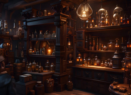 Alchemist lab. A strange room of curiosities filled with lots of bottles and glass jars. CG Artwork Background. AI generated digital illustration.の素材