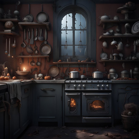 Spooky kitchen interior. Old-fashioned pots and pans, vintage furniture and appliances. Concept of Halloween. Digital illustration. CG Artwork Background.の素材
