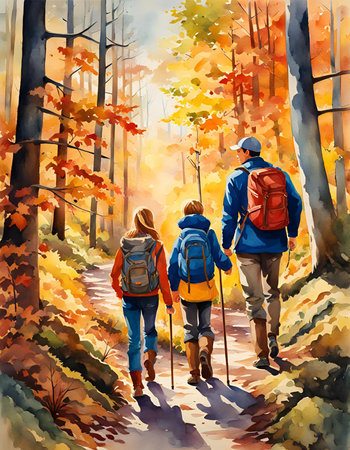 Family with young shildren walking hand in hand in the autumn forest. Concept of autumn, outdoors adventures, family time. Digital illustration. CG Artwork Background.の素材