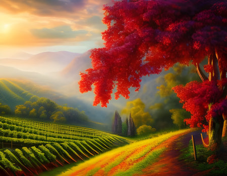 Grape field growing wine. Vineyard hills. Summer scenery with wineyard rows. Digital illustration. Amazing CG Artwork Background.の素材