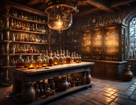 Alchemist lab. A strange and creepy cabinet of curiosities filled with lots of bottles and glass jars. CG Artwork Background. AI generated digital illustration.の素材