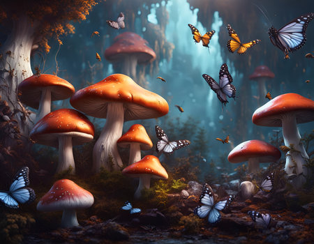 Fantasy landscape with mushroom and butterflies in a mysterious dreamy woodland. Concept of magic, imagination, fairytale. Digital illustration. CG Artwork Background.の素材