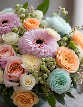 Pastel colours flower arrangement. Beautiful floral digital illustration. CG Artwork Background.の素材