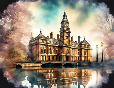 Watercolor sketch of a traditional European town. Old building reflected in a canal. Dramatic AI generated landscape. Digital illustration. CG Artwork Background.の素材