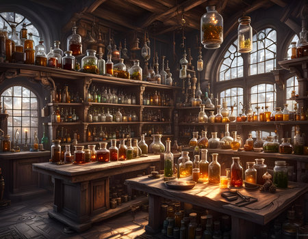 Alchemist lab. A strange and creepy cabinet of curiosities filled with lots of bottles and glass jars. CG Artwork Background. AI generated digital illustration.の素材