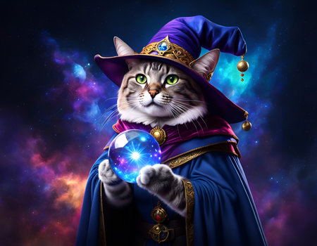 A sorcerer cat wearing a witch hat and a cape in a mysterious background. Amazing digital illustration. CG Artwork Background.の素材