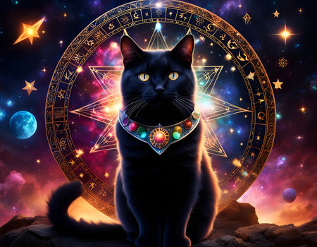 A sorcerer black cat in a mysterious celestial background. Amazing digital illustration. CG Artwork Background.の素材